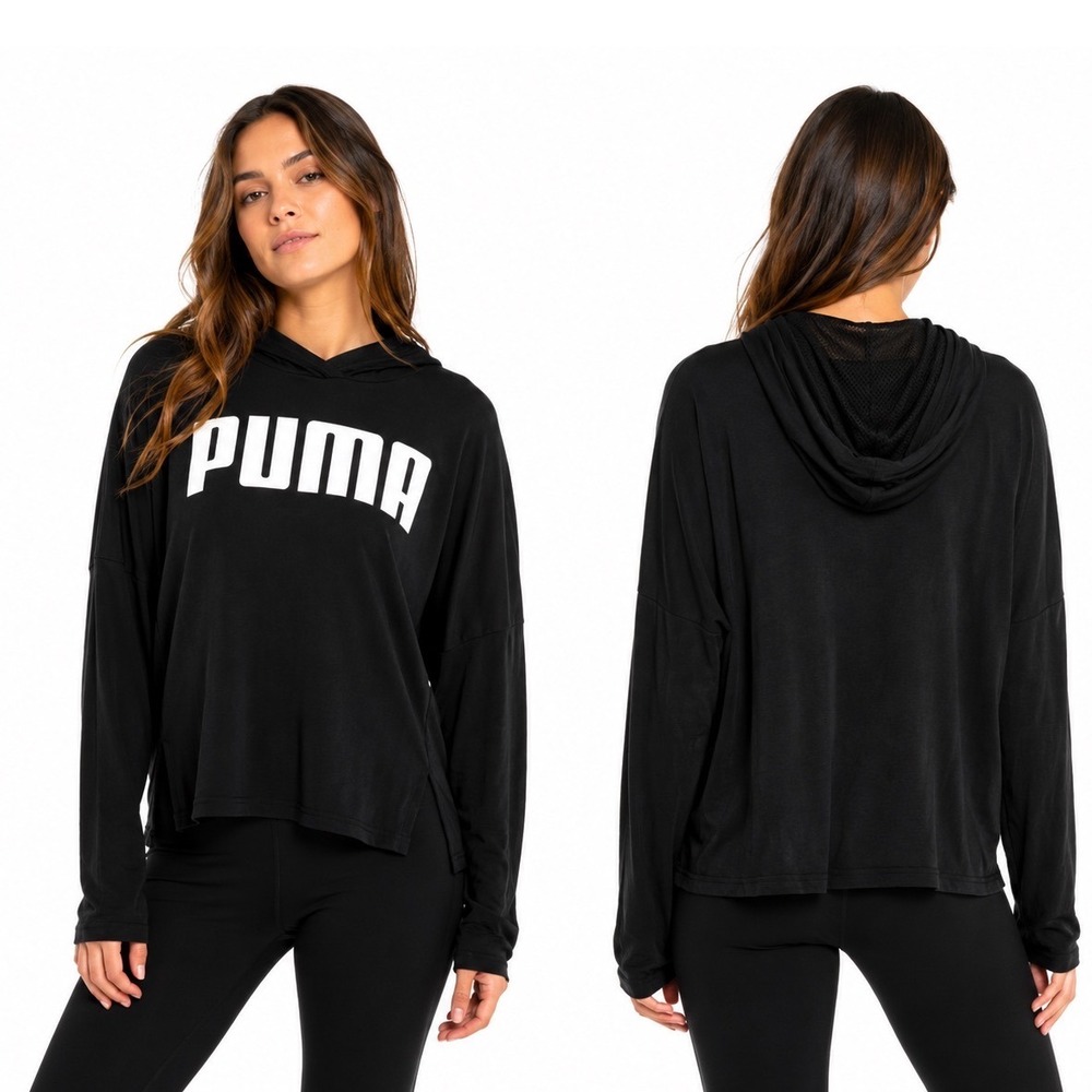 Puma‎ Black Long Sleeve Hooded Graphic T-Shirt M Athleisure Activewear 104-32